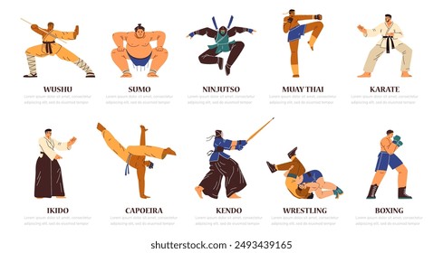 Una colección de Vector de Vectores de artes marciales, incluyendo wushu, sumo, karate y más. Imágenes precisas de los atletas en la vestimenta tradicional, desde mawashi hasta kimono.