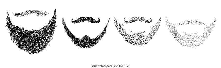 Vector collection of masculine beards and mustaches in black and white. Hand-drawn outlines show a range of facial hair styles, from rugged stubble to handlebar. For grooming or barbershop themes