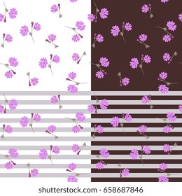 Vector collection of matching seamless patterns with primrose flowers and stripes.