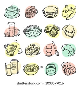 Vector collection of meal options for breakfast, isolated hand drawings on a white background
