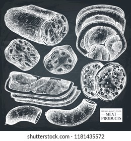 Vector collection of meat products sketches . Hand drawn Pizza ingredients. Vintage food illustrations on chalkboard.