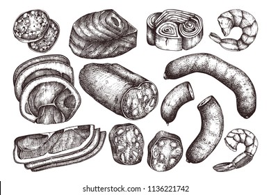 Vector collection of meat, seafood and fish produchts sketches . Hand drawn Pizza ingredients. Vintage food illustrations on white background.