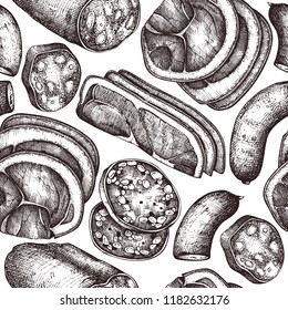 Vector collection of meat, seafood and fish produchts sketches . Hand drawn Pizza ingredients. Vintage food illustrations on white background.