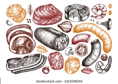 Vector collection of meat, seafood and fish produchts sketches. Hand drawn Pizza ingredients. Vintage food illustrations on white background.