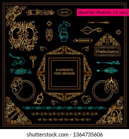 Vector collection of medical elements, signs and symbols in premium gold style. Template for doctor tattoo, jewelry, paper page and web design in clinic, ambulance and medical care