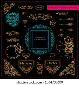 Vector collection of medical elements, signs and symbols in premium gold style. Template for doctor tattoo, jewelry, paper page and web design in clinic, ambulance and medical care