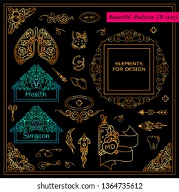 Vector collection of medical elements, signs and symbols in premium gold style. Template for doctor tattoo, jewelry, paper page and web design in clinic, ambulance and medical care
