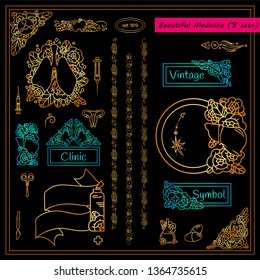 Vector collection of medical elements, signs and symbols in premium gold style. Template for doctor tattoo, jewelry, paper page and web design in clinic, ambulance and medical care