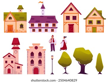 Vector collection of medieval houses: stone cottages with classic windows, towers, an ancient lantern, trees and townspeople on a white background.