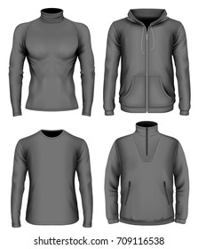 Vector collection of men clothes: t-shirt, fleece sweater, hooded sweatshirt.