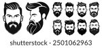 Vector collection of men faces with beard, black silhouette, logo for barbershop