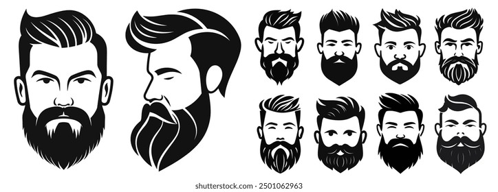 Vector collection of men faces with beard, black silhouette, logo for barbershop