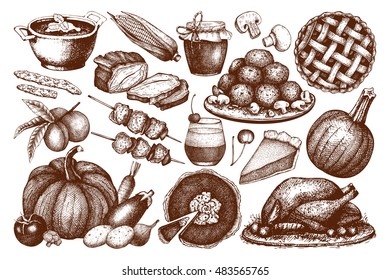 Vector collection of  menu elements for Thanksgiving day decoration. Vintage set of hand drawn traditional food sketch for autumn holiday. Harvest illustration outlines.