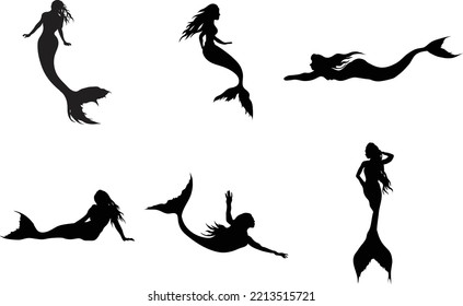 A vector collection of mermaid silhouettes for artwork compositions.