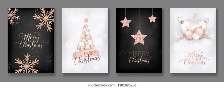 vector collection of merry christmas cards with rose gold glitter christmas balls star christmas tree flyer and new year brochure 2019 svg
