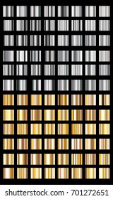 Vector collection of metal gradients. Golden and gray panel set , Gold and silver metallic squares