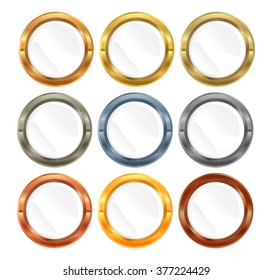 Vector Collection of Metal labels Gold Silver Platinum Bronze copper aluminum brass with white inset for your text  