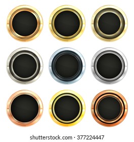 Vector Collection of Metal labels Gold Silver Platinum copper bronze aluminum with brass insert black for text