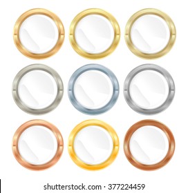Vector Collection of Metal labels Gold Silver Platinum Bronze copper aluminum brass with white inset for your text  