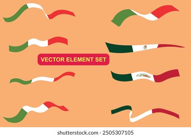 Vector collection of Mexican flag ribbons in various wavy shapes. as an element of celebrating Mexican Independence Day