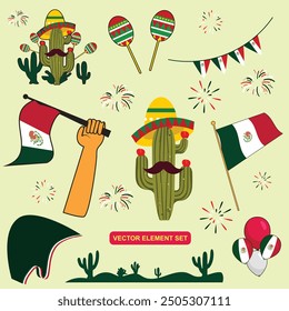 Vector collection of Mexican independence day decoration elements, cactus, hats and flags.