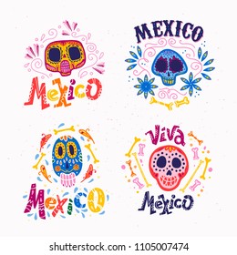 Vector collection of Mexico emblems with ornament skull, text, traditional pattern isolated on light textured background. Perfect for party decor material - stickers, posters, prints, package, labels.