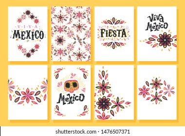 Vector collection of Mexico hand drawn style cards with traditional patterns, decor elements, fiesta lettering on different backgrounds. Good for party, advertising design. Skull, flower, guitar.