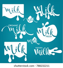 vector collection of milk and dairy product logo, label, emblems with hand drawn lettering composition