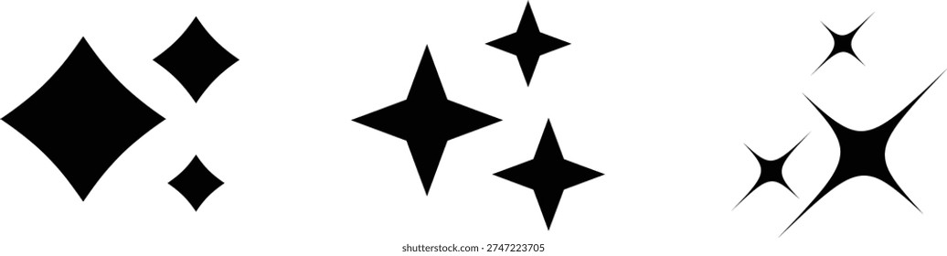 Vector collection of minimalist black sparkle and shine icons on a crisp white backdrop, perfect for highlighting cleanliness or quality.