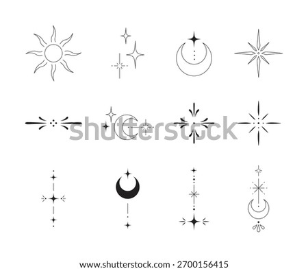 A vector collection of minimalist celestial elements: the sun, moon, crescent, and stars. Perfect for astrology, mystical themed, tattoo designs, brand logos, and bohemian social media graphics.