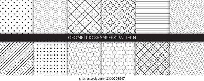 Vector collection of minimalist geometric seamless patterns with dot, line, square. Polka dot, wave, zigzag, diamond, diagonal, hexagonal repeat background.