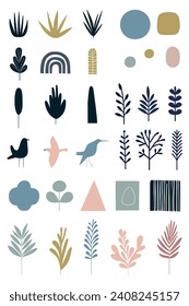 Vector collection of minimalistic botanical elements of birds, plants, geometric shapes in a calm pastel palette