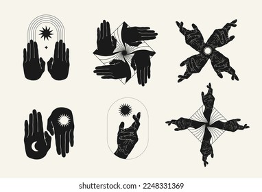 Vector collection of minimalistic geometric elements and  illustrations of human hands. Creative hand drawn abstract artwork . Template for card, poster, banner, print for t-shirt, pin, badge, patch.