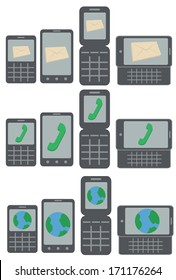 vector collection of mobile phone types receiving messages, calls and connecting to the internet isolated on white background