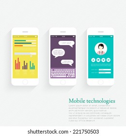 Vector Collection of Mobile Phones with User Interface and Infographic Elements. Modern Flat Style Design Templates Set.