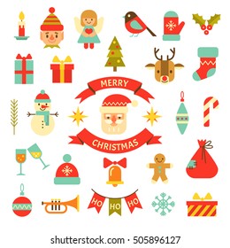 Vector collection of modern colored Christmas icons and symbols, including santa, deer, present, snowman, elf and mistletoe, isolated on white.
