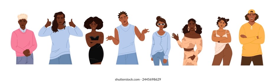 A vector collection of modern, diverse, stylish African American men and women in different poses. A group of African American young men in a flat style on a white background