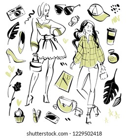 Vector collection of modern fashion elements and beautiful models for summer time - clothing, personal style, trendy look, cosmetics, accessory, shoe etc isolated. Hand drawn sketch style.