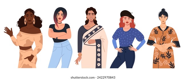 Vector collection of modern female characters in different poses. Multicultural multinational women of different appearance in the flat style