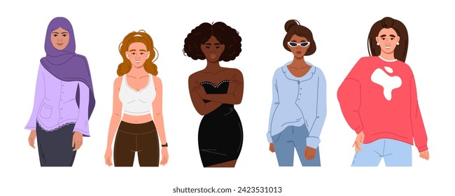 Vector collection of modern female characters in different poses. Multicultural multinational women of different appearance in the flat style