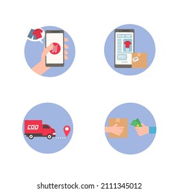 Vector collection of modern flat and colorful cash deliery online shopping icons 