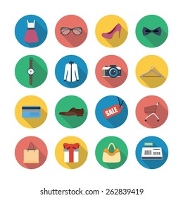 Vector collection of modern flat and colorful shopping icons with long shadow.