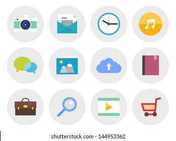Vector collection of modern icons in flat design on various theme. Isolated in gray circle on white background.