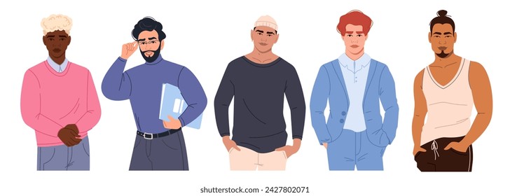 Una colección vectorial de personajes masculinos modernos en diferentes poses. Un grupo de gente. Hombre multinacional multicultural de diferente apariencia en un estilo plano