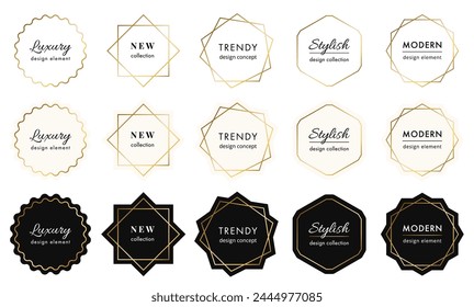 Vector collection of modern minimal golden frames. Luxury labels with copy space for text. Simple abstract minimalist badges set. Stylish linear logotype borders. Trendy geometric design elements