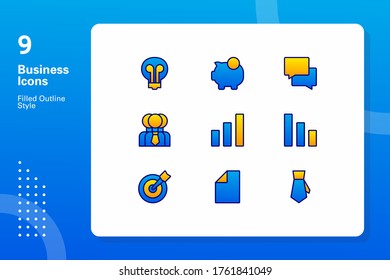 Vector collection of modern simple Filled outline colour and trendy business office and finance icon, idea, saving, conversation, team, graph, target, notes, tie