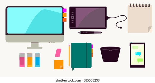 Vector collection of modern trendy flat business and office icons. Concept of creative office workspace