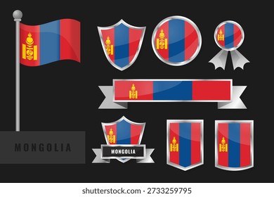 Vector collection of Mongolia national flags and emblems. Features waving flag, shields, badges, ribbons, banners with red-blue-red vertical stripes, golden soyombo symbol with fire, sun, moon, triangle.