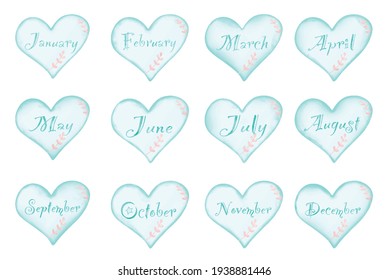 Vector - Colección del mes. Hermosa pintura digital de 12 meses con forma de corazón azul con hojas rosas. Estilo vintage.