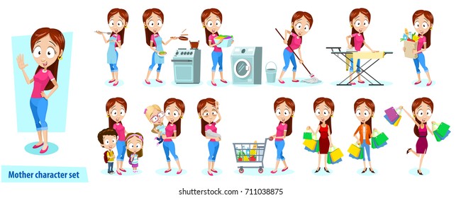 Coleção vetorial de personagem mãe em diferentes situações, poses, situações. Atividades diárias da jovem mãe, manutenção de casa, limpeza, culinária, compras e cuidar de crianças. Isolado